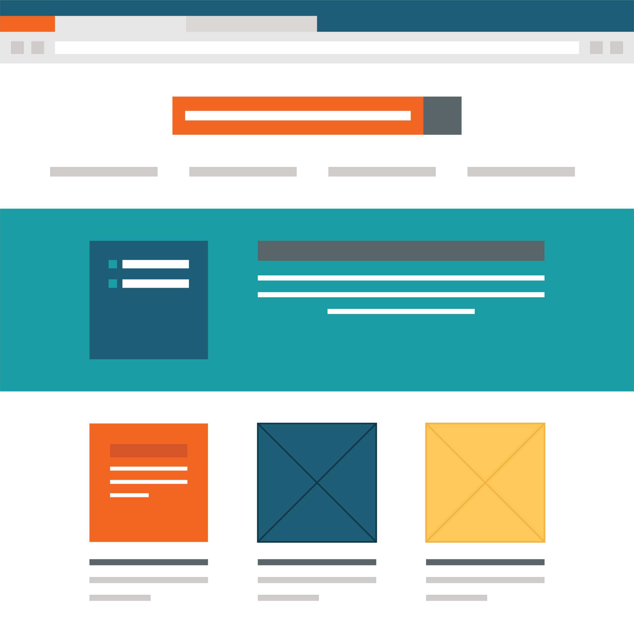 Abstract website layout mockup with teal header, orange callout, search bar, and gray content blocks.